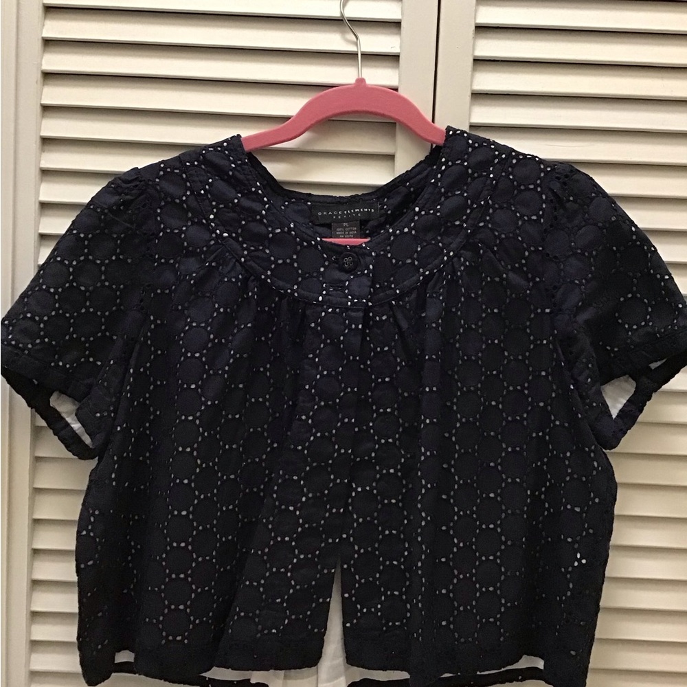 Navy Blue Eyelet Short Sleeve coverup